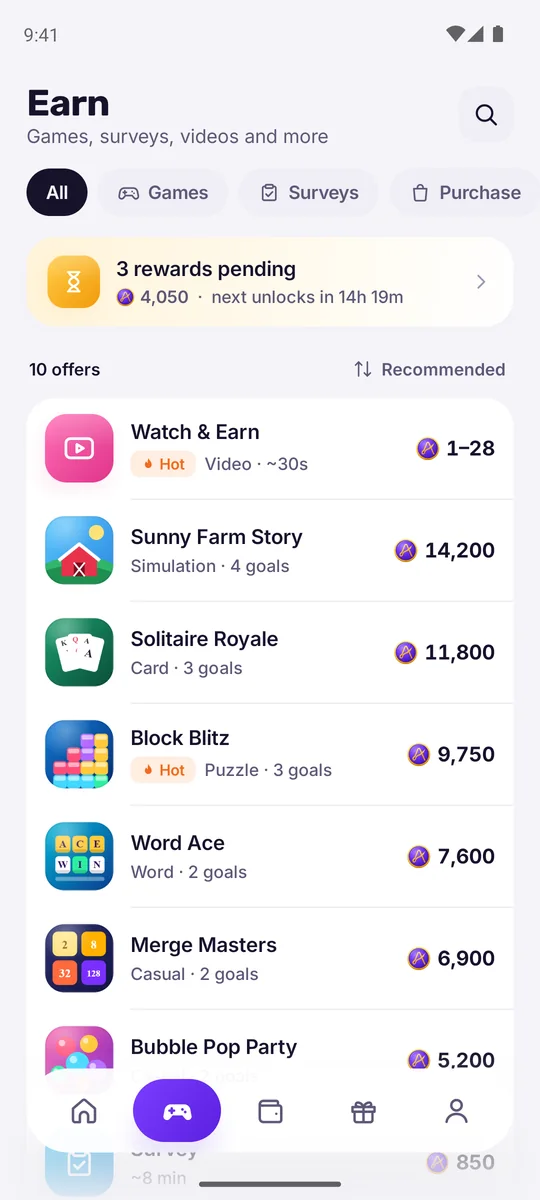 The Earn tab listing games, surveys and videos with their coin rewards