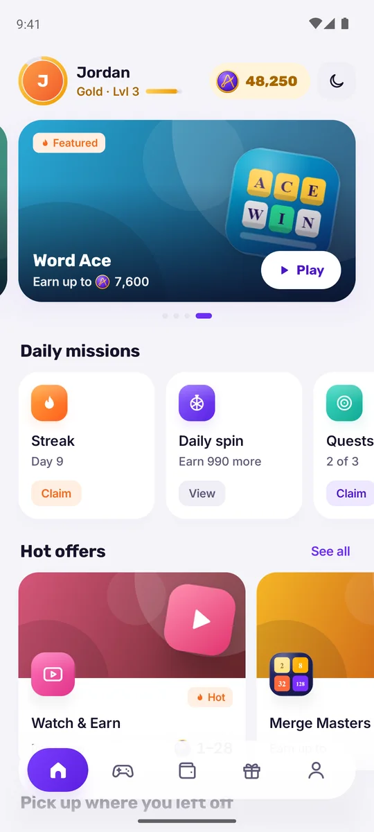 The AceReward home screen with featured offers and daily missions