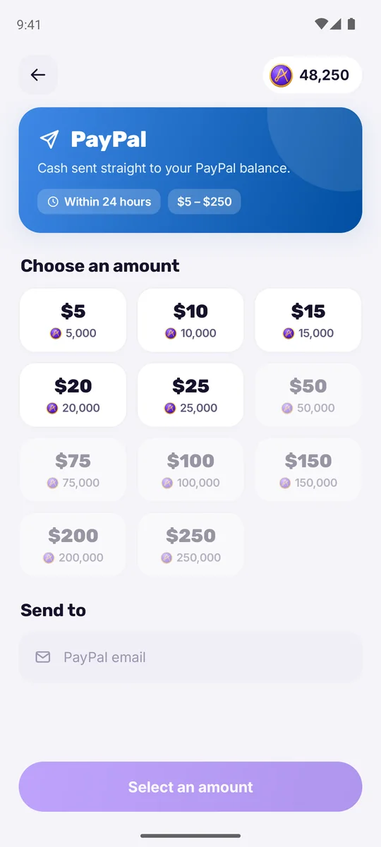 Cashing out to PayPal: choose an amount from $5 to $250 and enter your PayPal email