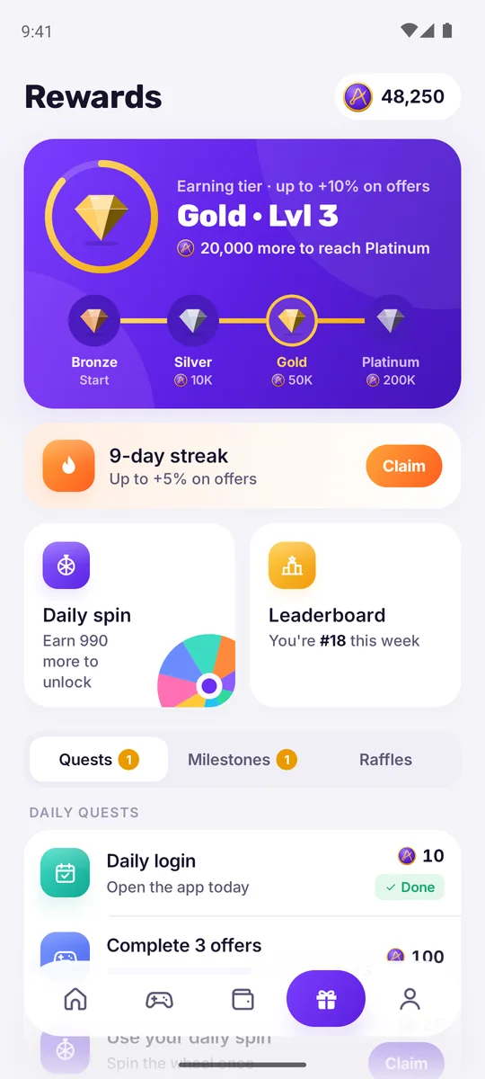 The Rewards tab with the Gold tier, a 9-day streak and the daily spin